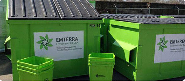 Emterra commercial waste management bins for business recycling, waste collection, and disposal services.