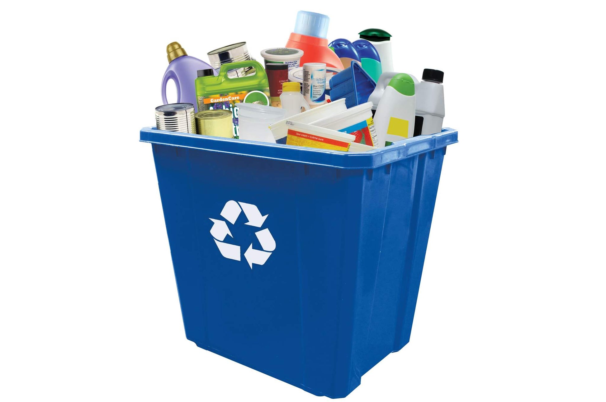 Recycling totes for sorting materials, a blue recycled plastic tote used for residential recycling and material separation