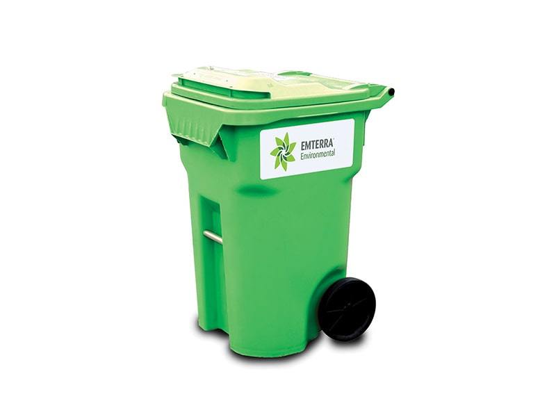 Recycling totes for municipal curbside programs, green wheeled bin with lid for residential and commercial waste collection